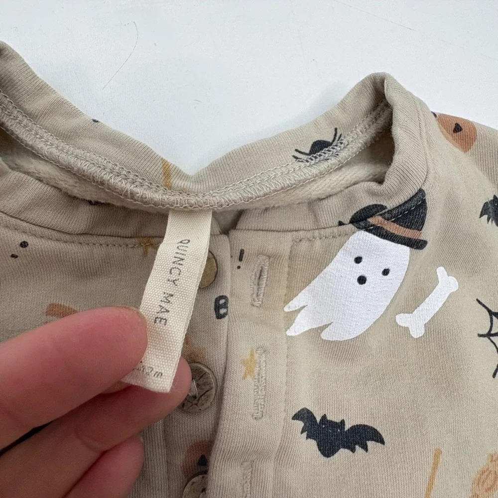 Quincy Mae Baby Bodysuit Tan Ghost Bat Bone Print Organic Cotton 6M